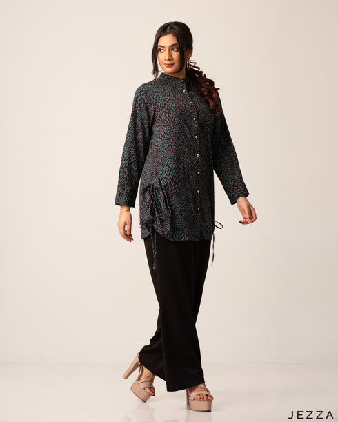 Printed Polyester Top with Ruching Detail 60083